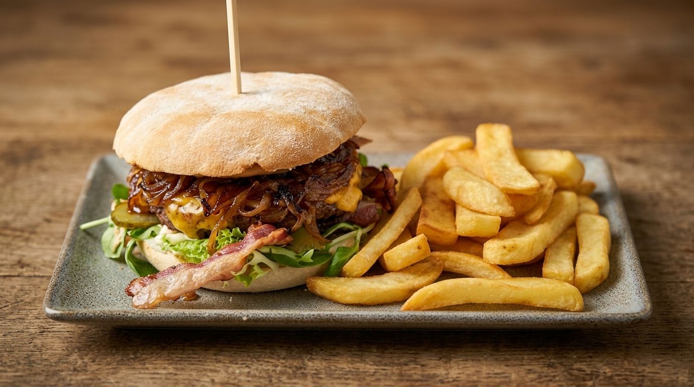 Bacon Cheese and Onion Burger mit Steakhouse Pommes